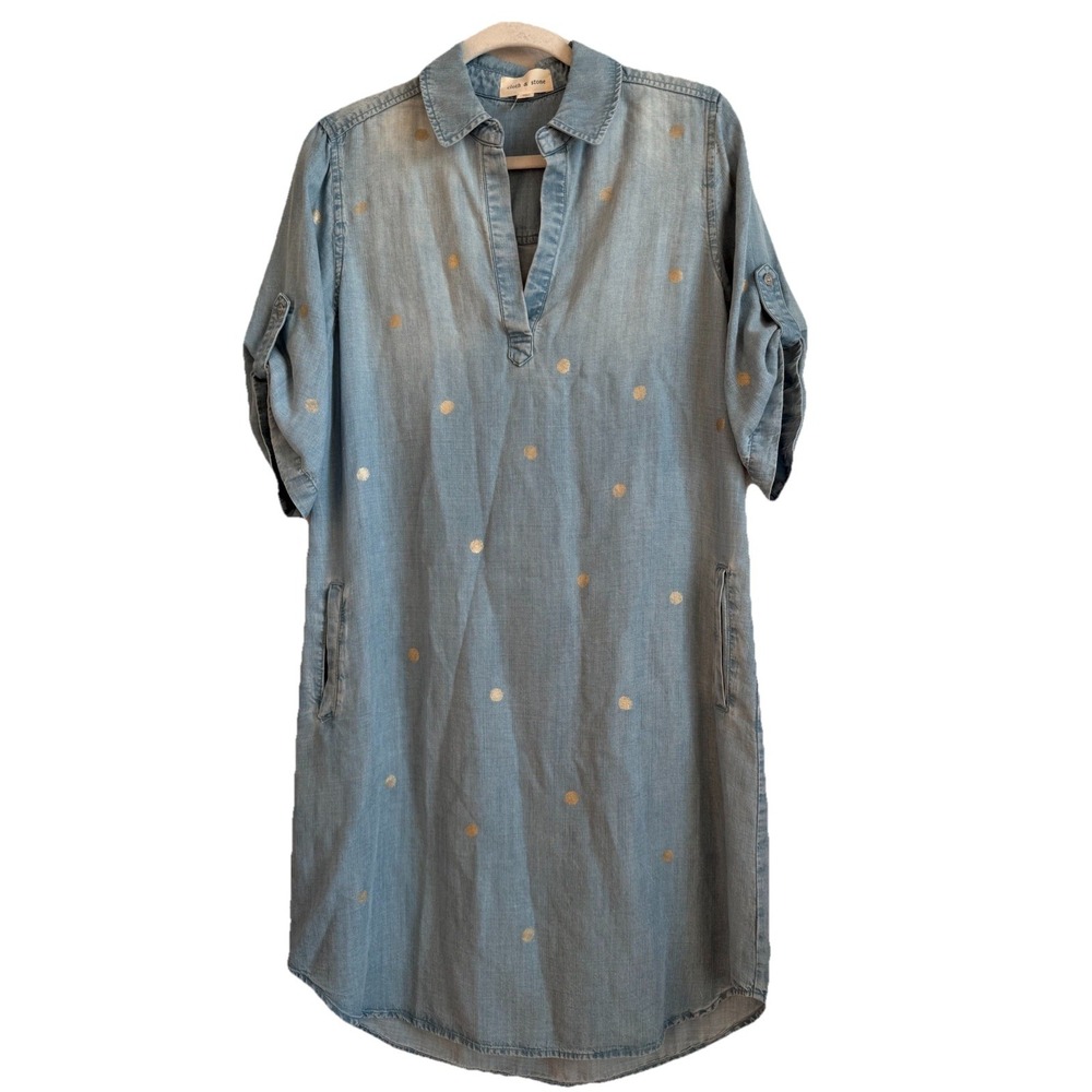 Cloth & Stone Chambray Polka Dots V Neck Pullover Shirt Dress Roll Tabs Size S
